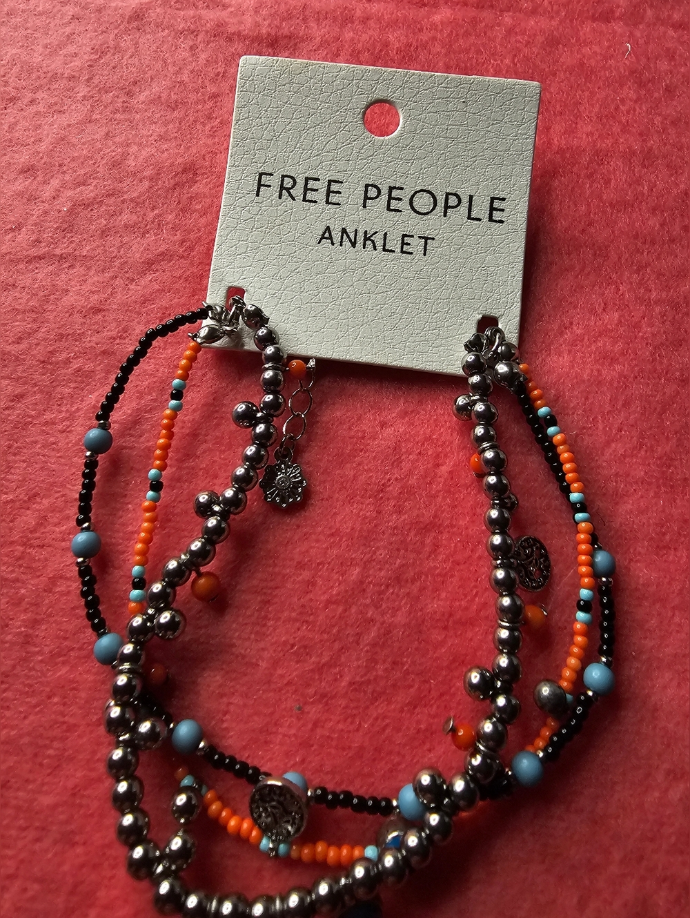 Free People Beaded Multi-Strand Anklet in Blue, Orange & Silver